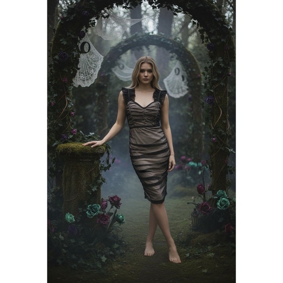 Lulus Dress Sz L Dazzling Black Beige Metallic Bodycon Mini Whimsigoth Fairy - Picture 2 of 12